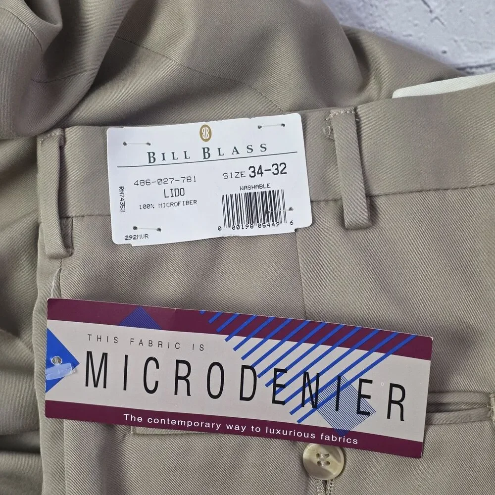 Bill Blass Men's Lido 34x32 Beige Pleated Microfiber Pants